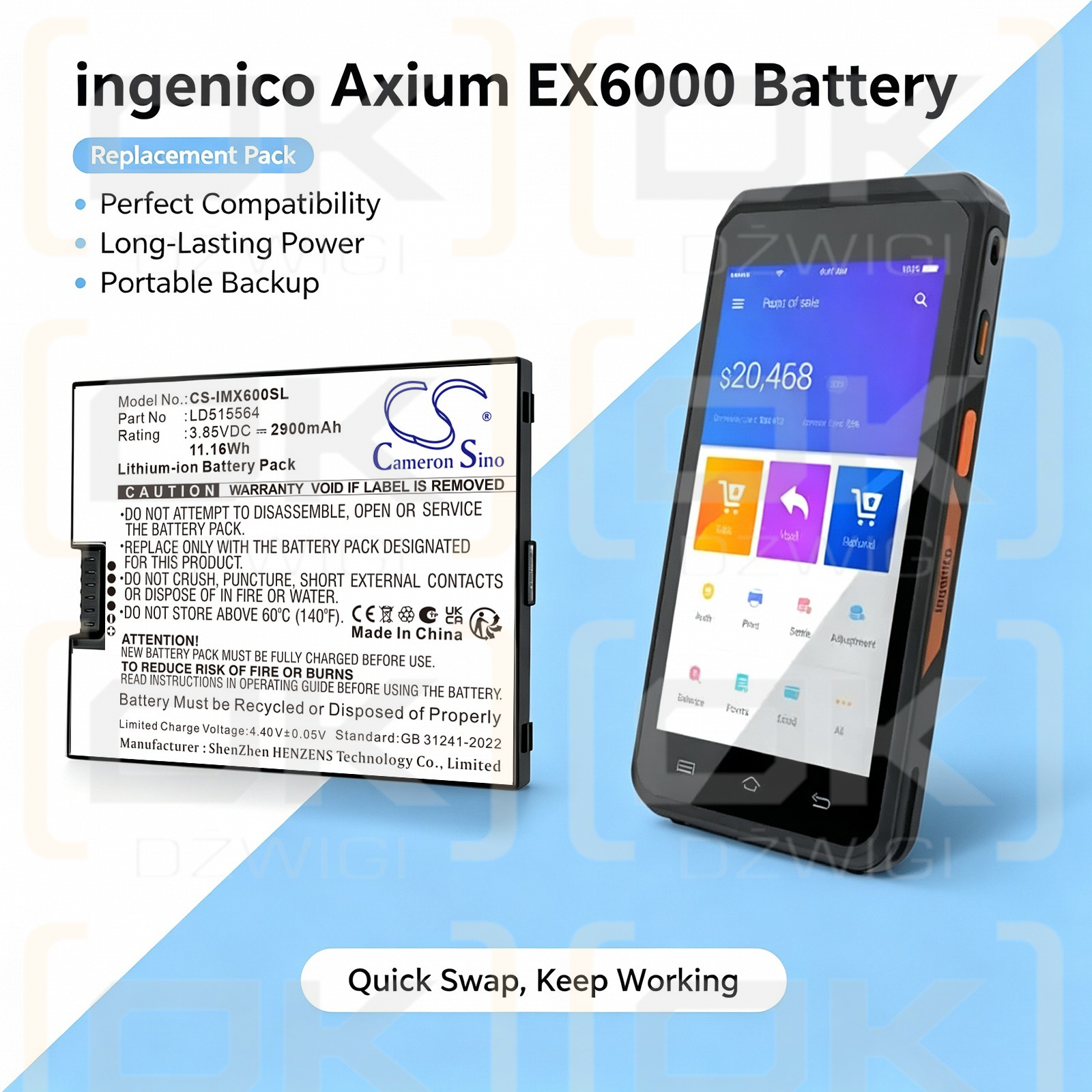 Bateria zamienna do ingenico Axium EX6000 / LD515564 2900 mAh Li-ion 3.85 V (Cameron Sino)