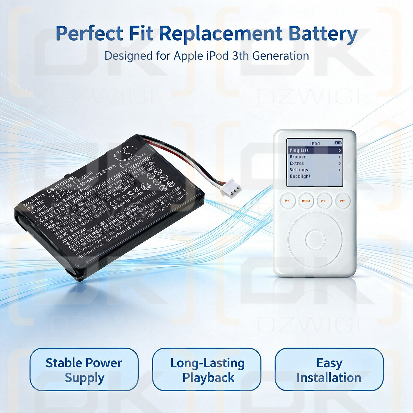 Batería de repuesto para Apple iPod 40GB M9245LL/A / 616-0159 550 mAh Li-ion 3.7 V (Cameron Sino)