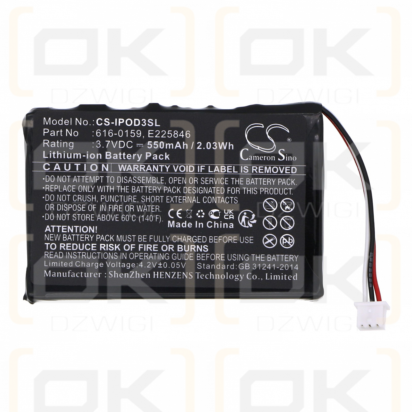 Batería de repuesto para Apple iPod 40GB M9245LL/A / 616-0159 550 mAh Li-ion 3.7 V (Cameron Sino)
