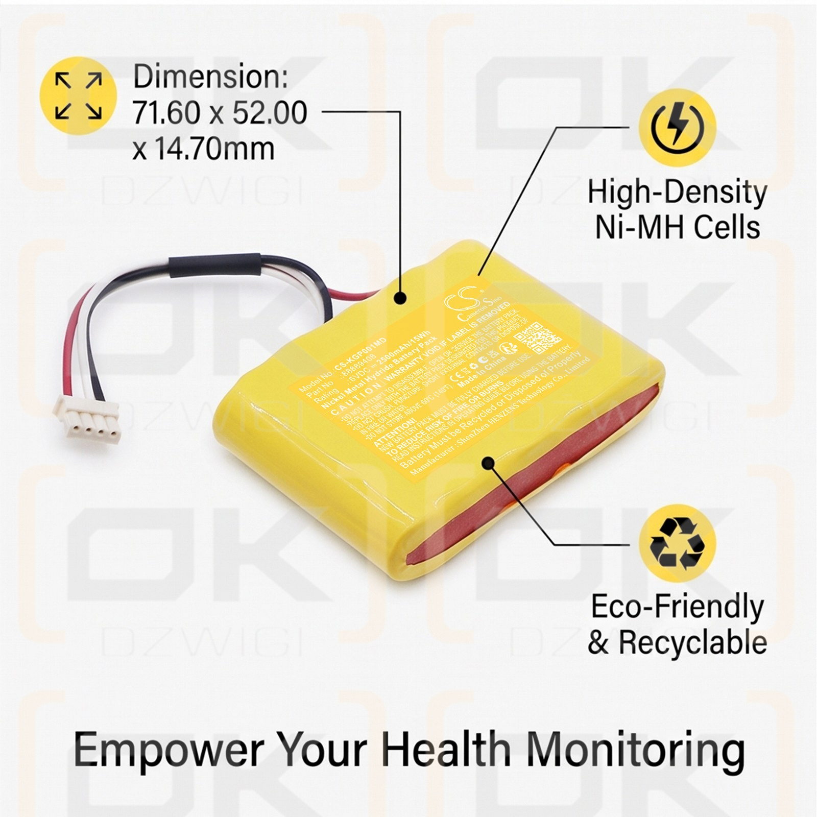 Bateria zamienna do KTPS GMMC pulse oximeter / 88889408 2500 mAh Ni-MH 6 V (Cameron Sino)