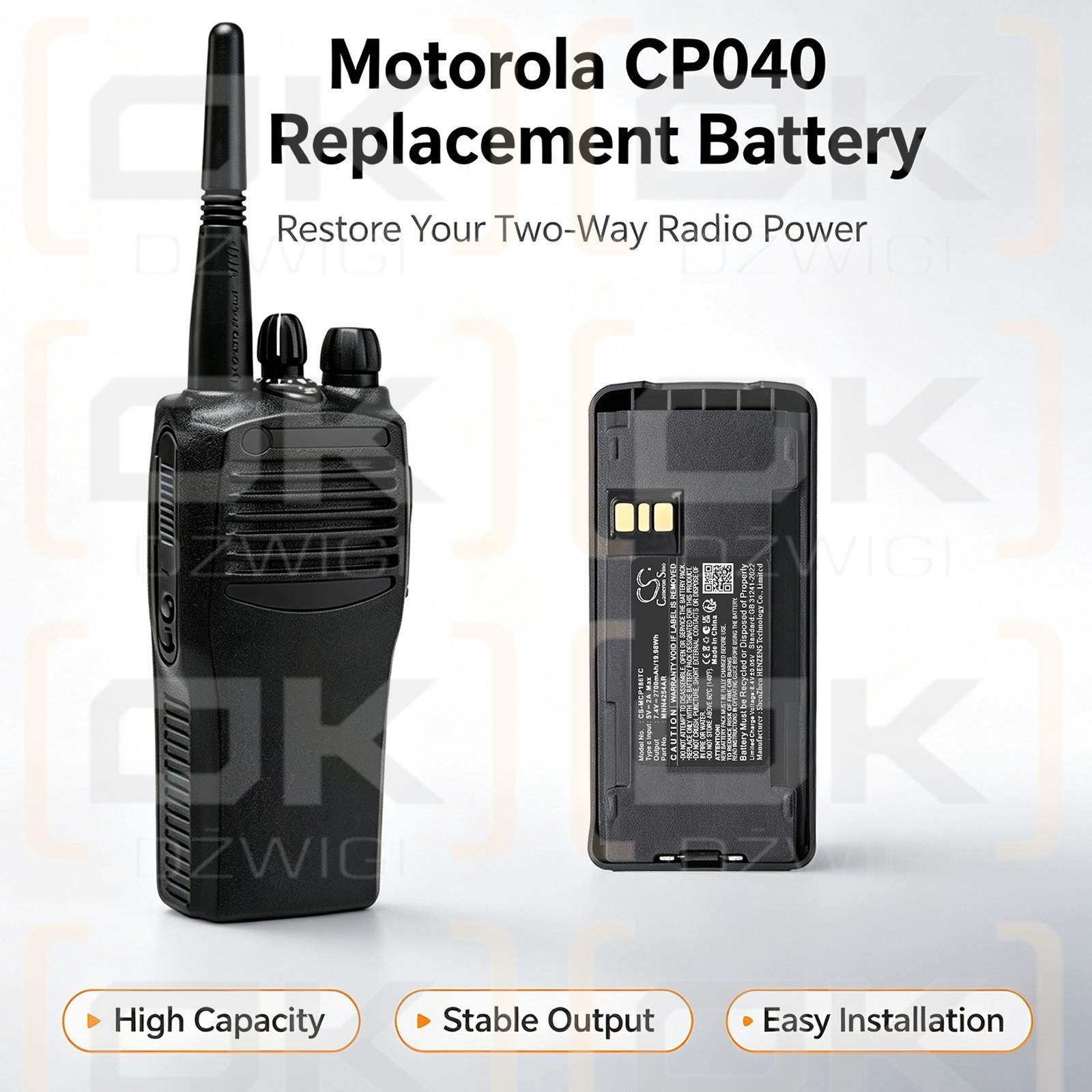 Batería de repuesto para Motorola PR400 / MNN4254AR, 2700 mAh, iones de litio, 7,4 V (Cameron Sino)