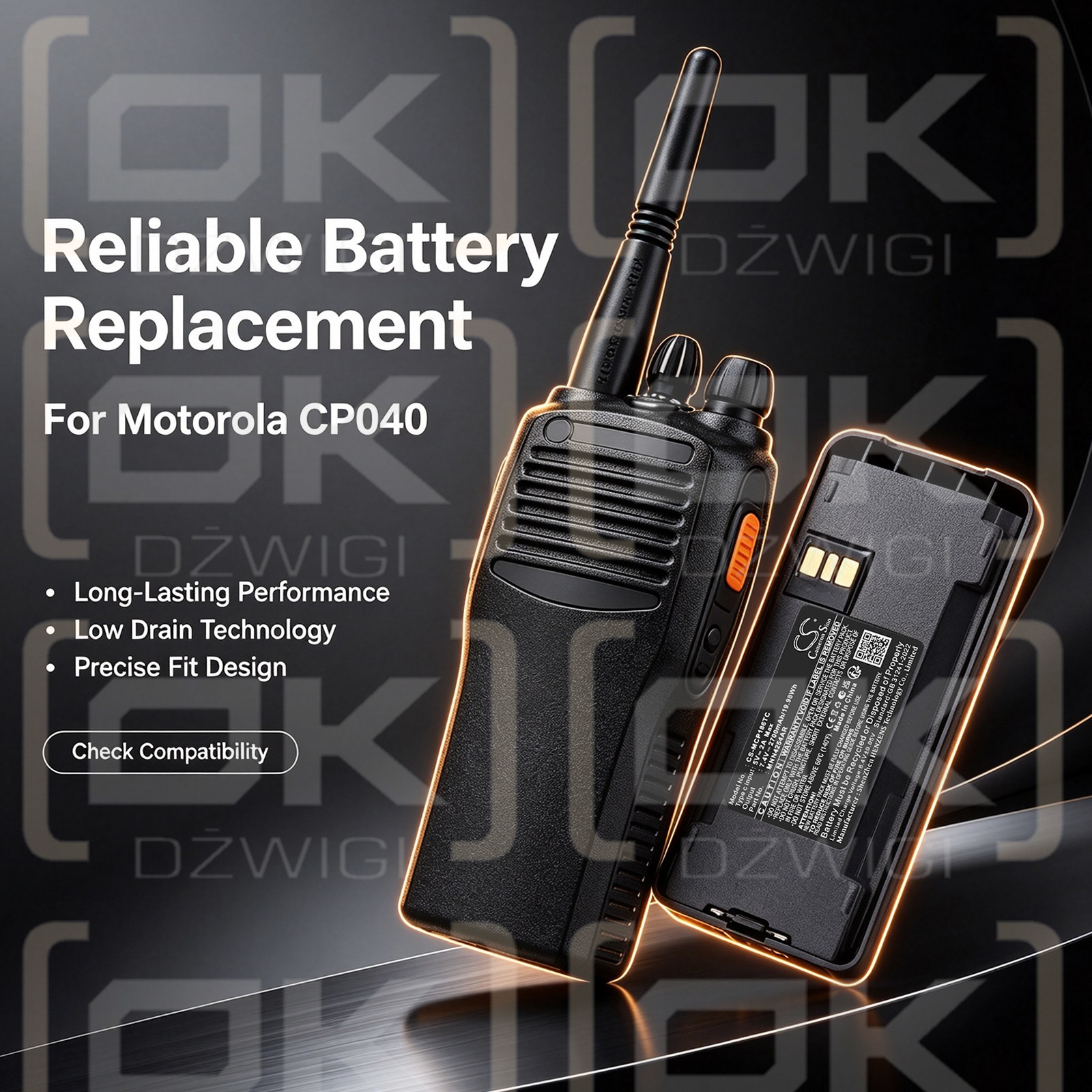 Batería de repuesto para Motorola PR400 / MNN4254AR, 2700 mAh, iones de litio, 7,4 V (Cameron Sino)