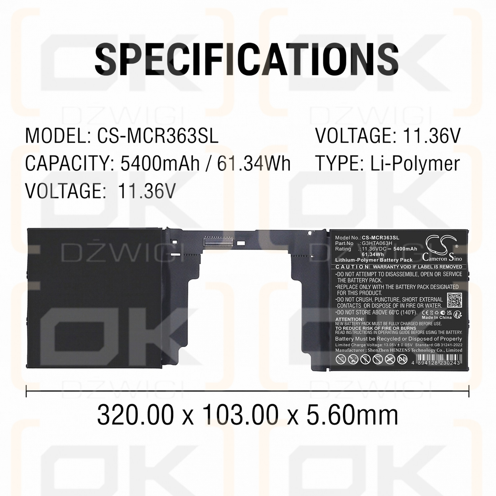 Replacement Battery for Microsoft Surface Book 3 15 inch / G3HTA063H 5400 mAh Li-Polymer 11.36 V (Cameron Sino)