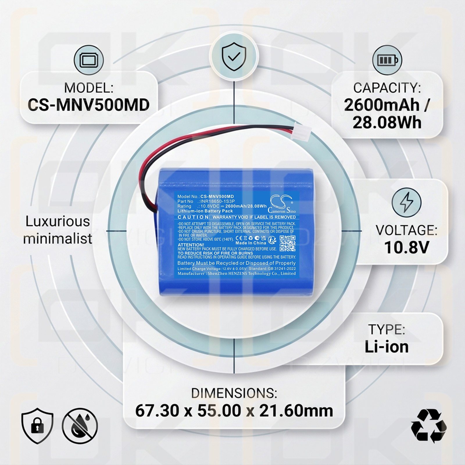 Batería de repuesto para Medevo EN-V5 / INR18650-1S3P 2600 mAh Li-ion 10.8 V (Cameron Sino)