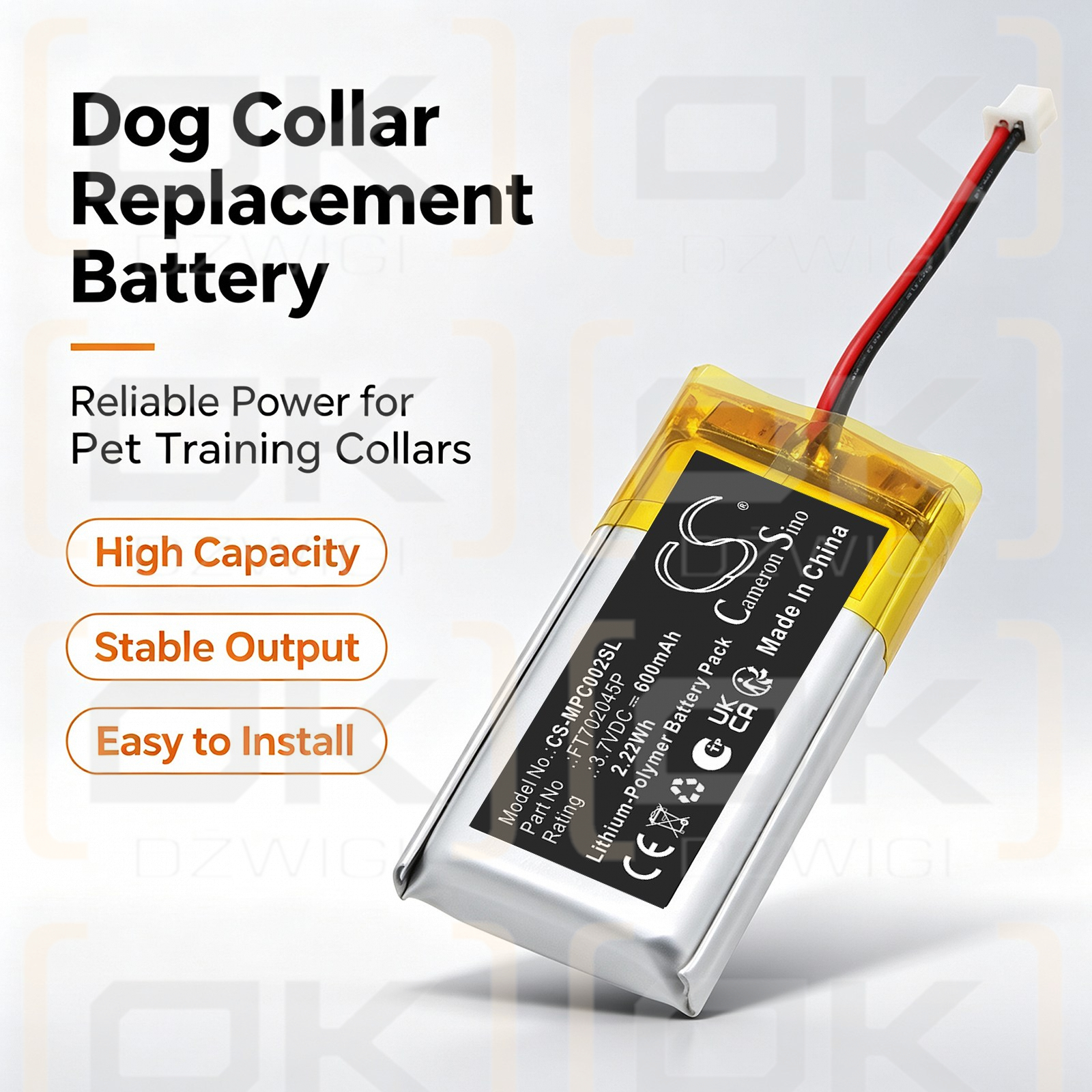 Batería de repuesto para el sistema de entrenamiento canino My Pet Command / FT702045P 600 mAh Li-Polymer 3.7V (Cameron Sino)