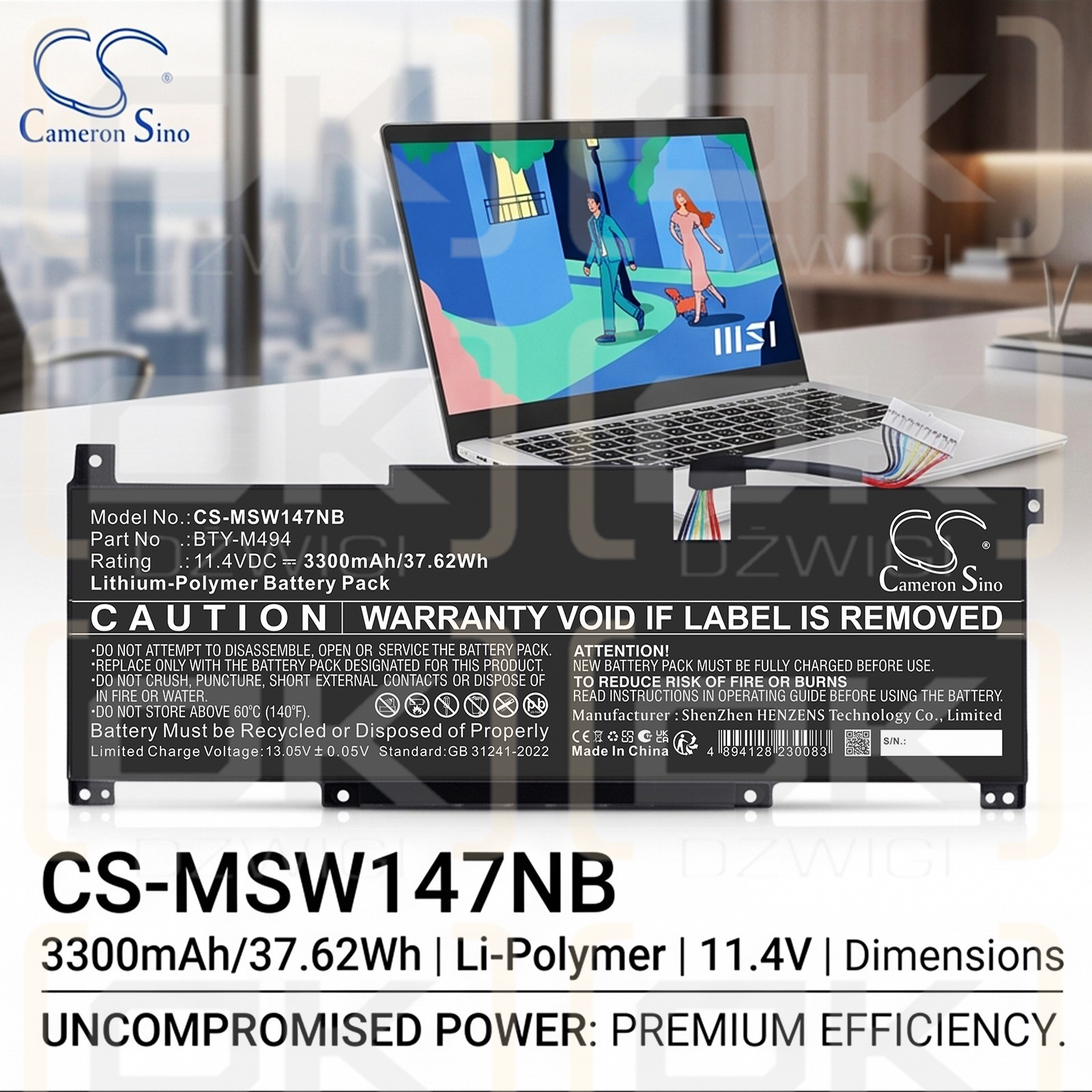 Ersatzakku für MSI Modern N 14 C12M-657MX / BTY-M494 4250mAh Li-Polymer 11,4V (Cameron Sino)