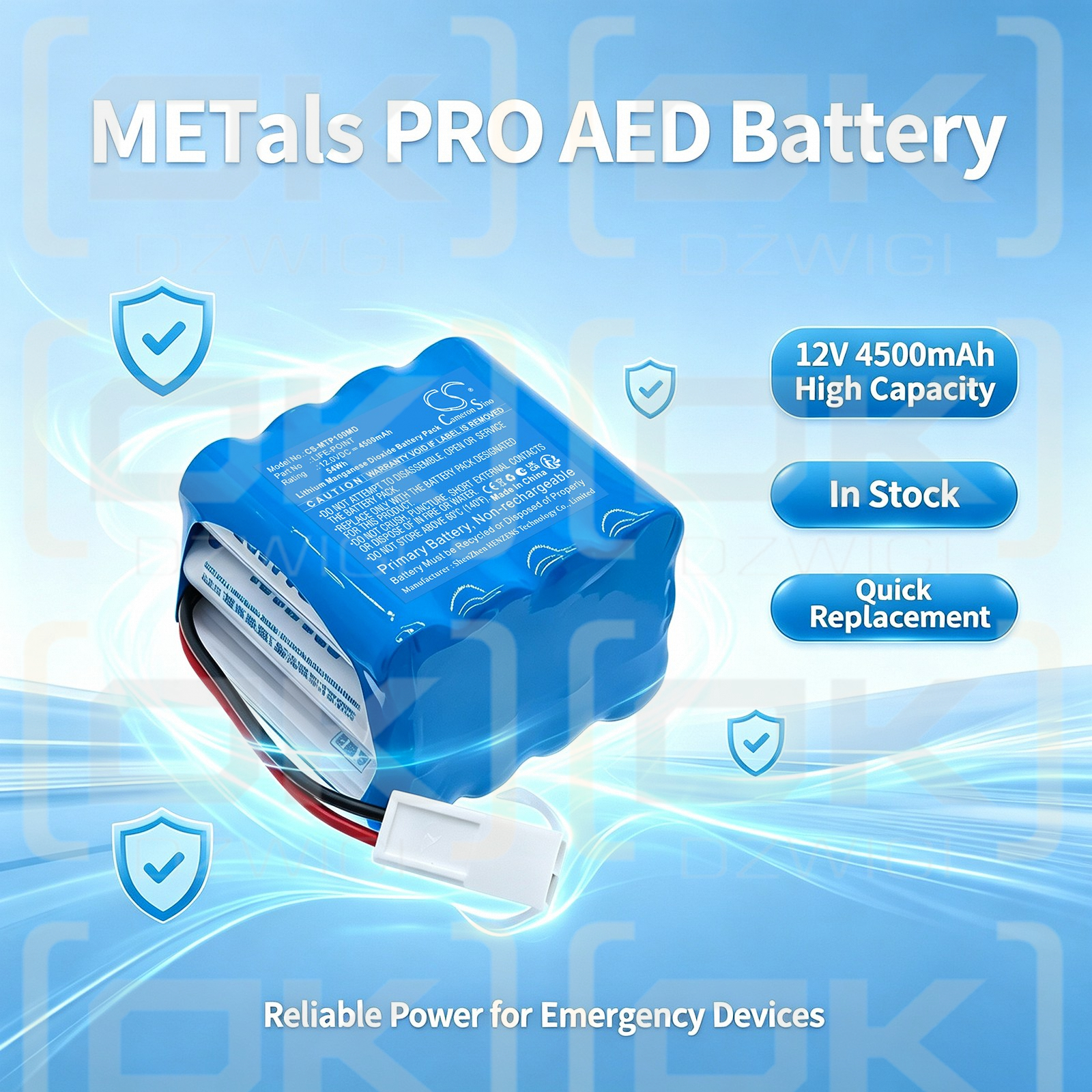 Batería de repuesto para METals PRO AED 4500 mAh Li-MnO2 12V (Cameron Sino)