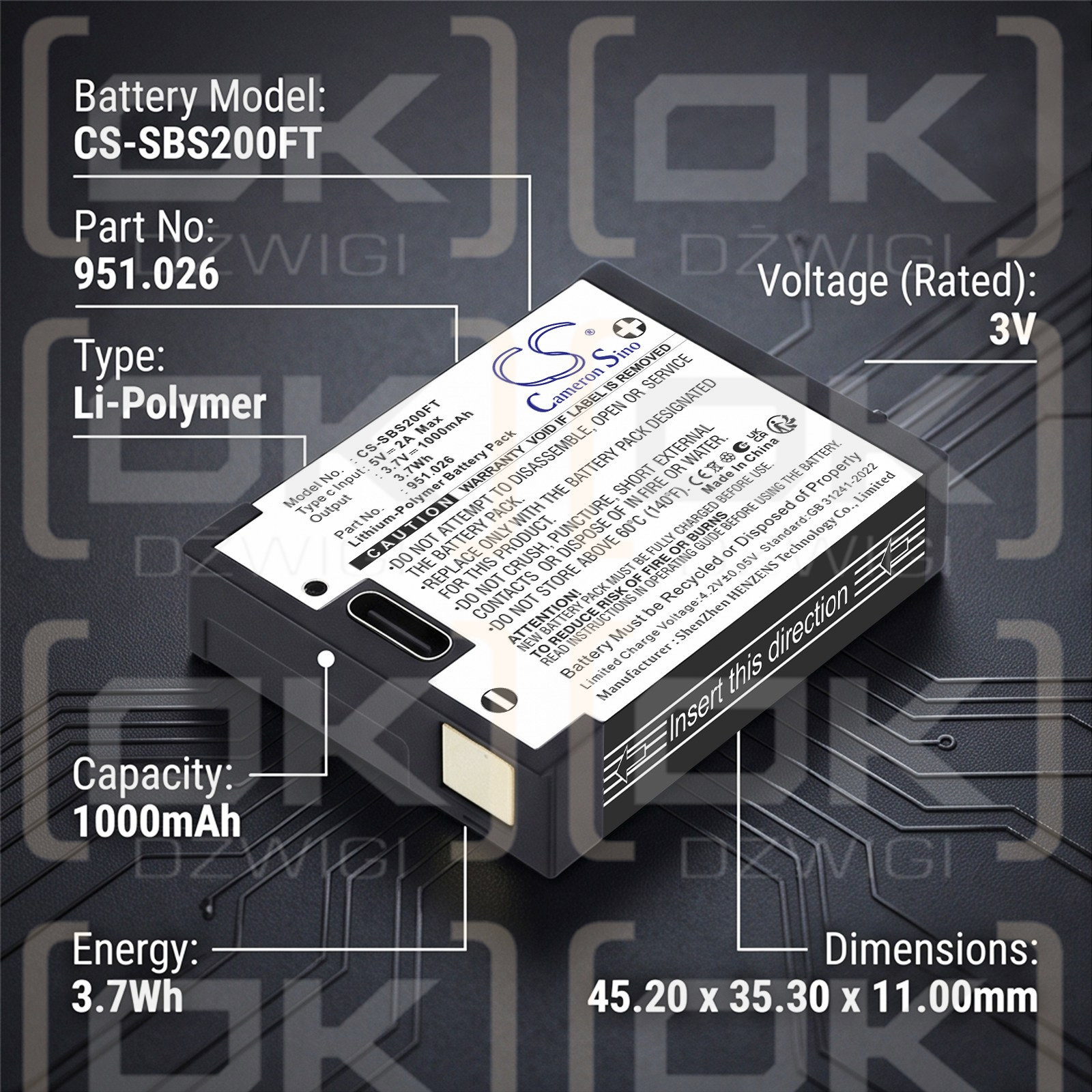 Replacement battery for Suprabeam S4 / 951.026 1000 mAh Li-Polymer 3.7 V (Cameron Sino)