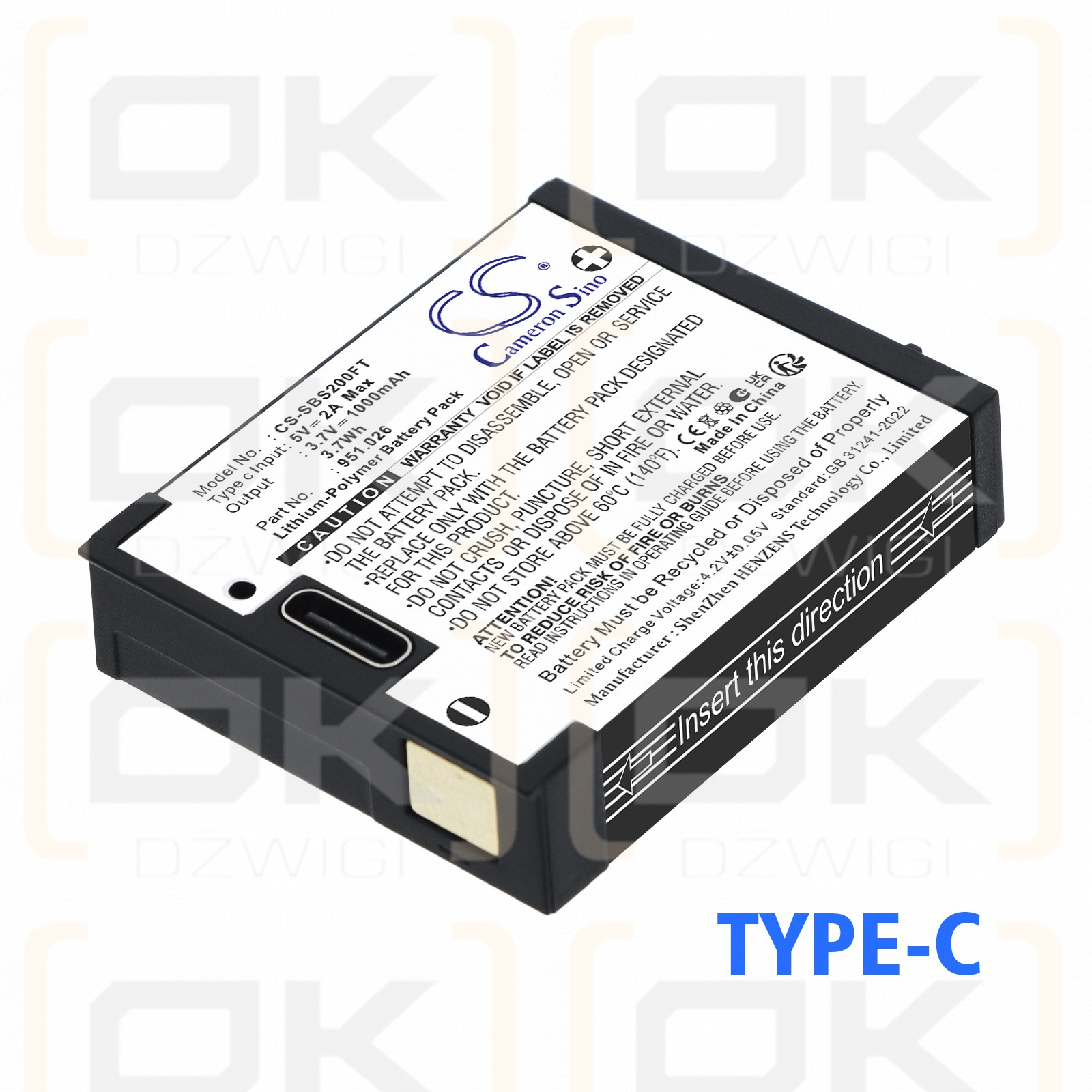 Replacement battery for Suprabeam S4 / 951.026 1000 mAh Li-Polymer 3.7 V (Cameron Sino)