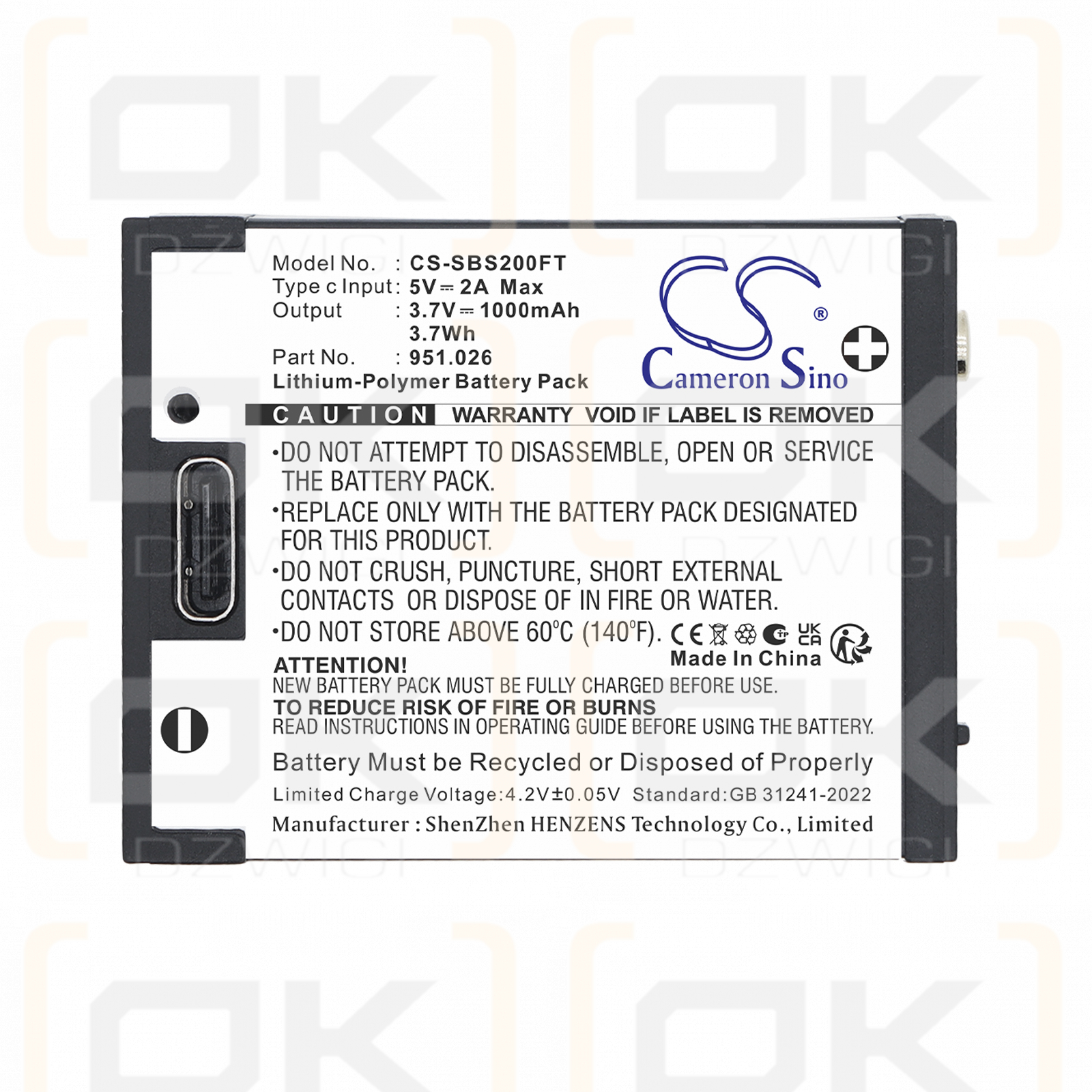 Replacement battery for Suprabeam S4 / 951.026 1000 mAh Li-Polymer 3.7 V (Cameron Sino)