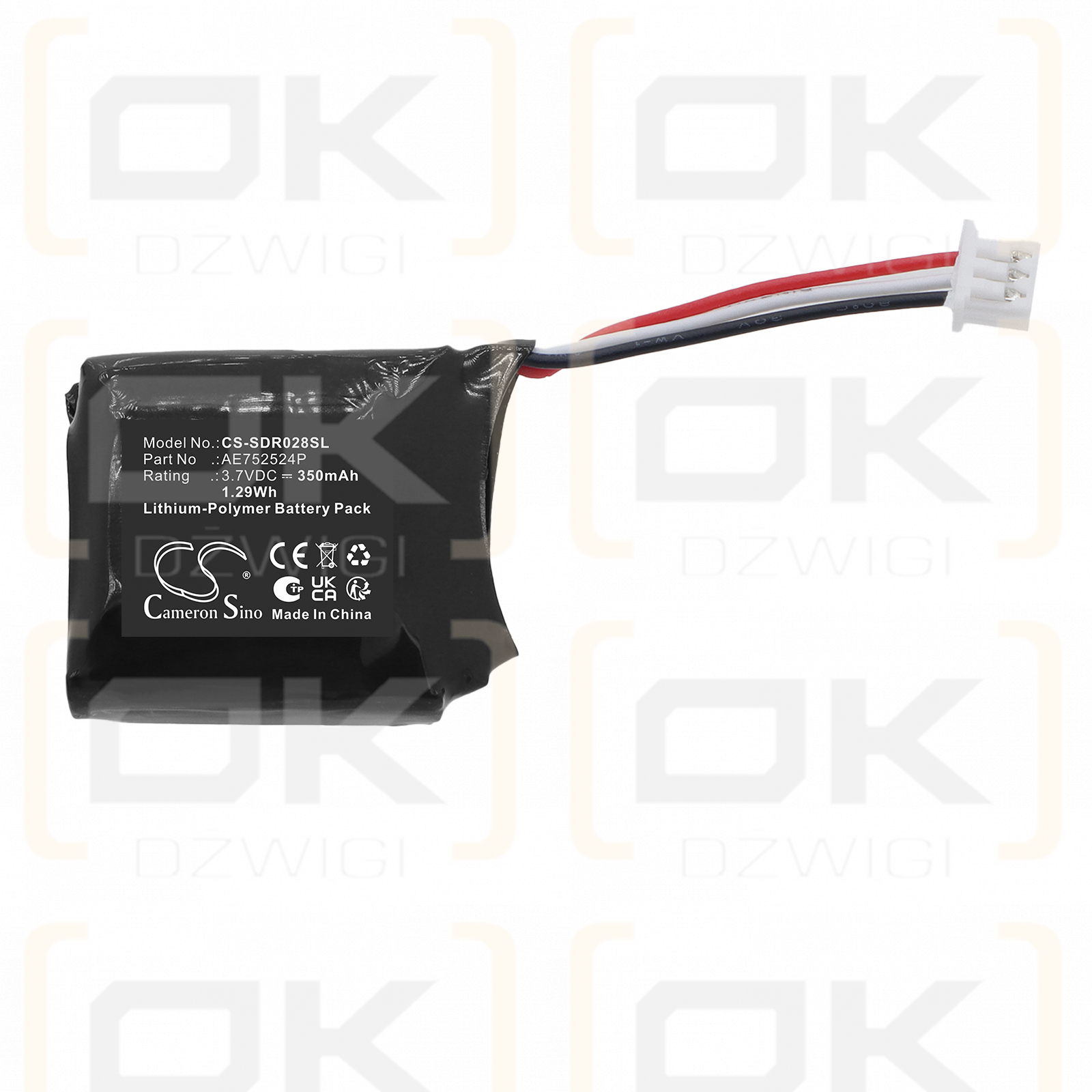Batería de repuesto para receptor Dogtra 280X / AE752524P, 350 mAh, polímero de litio, 3,7 V (Cameron Sino)
