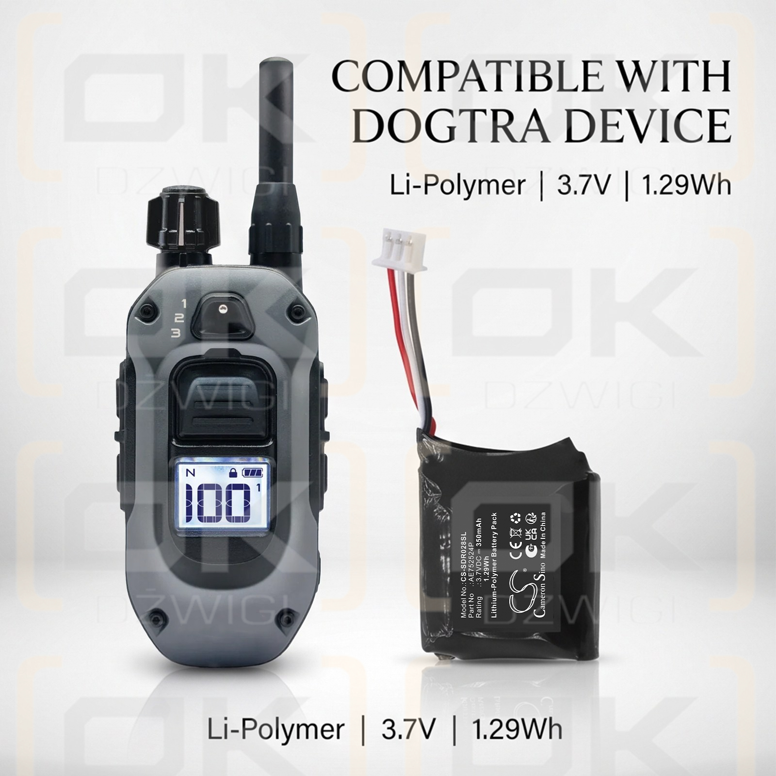 Batería de repuesto para receptor Dogtra 280X / AE752524P, 350 mAh, polímero de litio, 3,7 V (Cameron Sino)