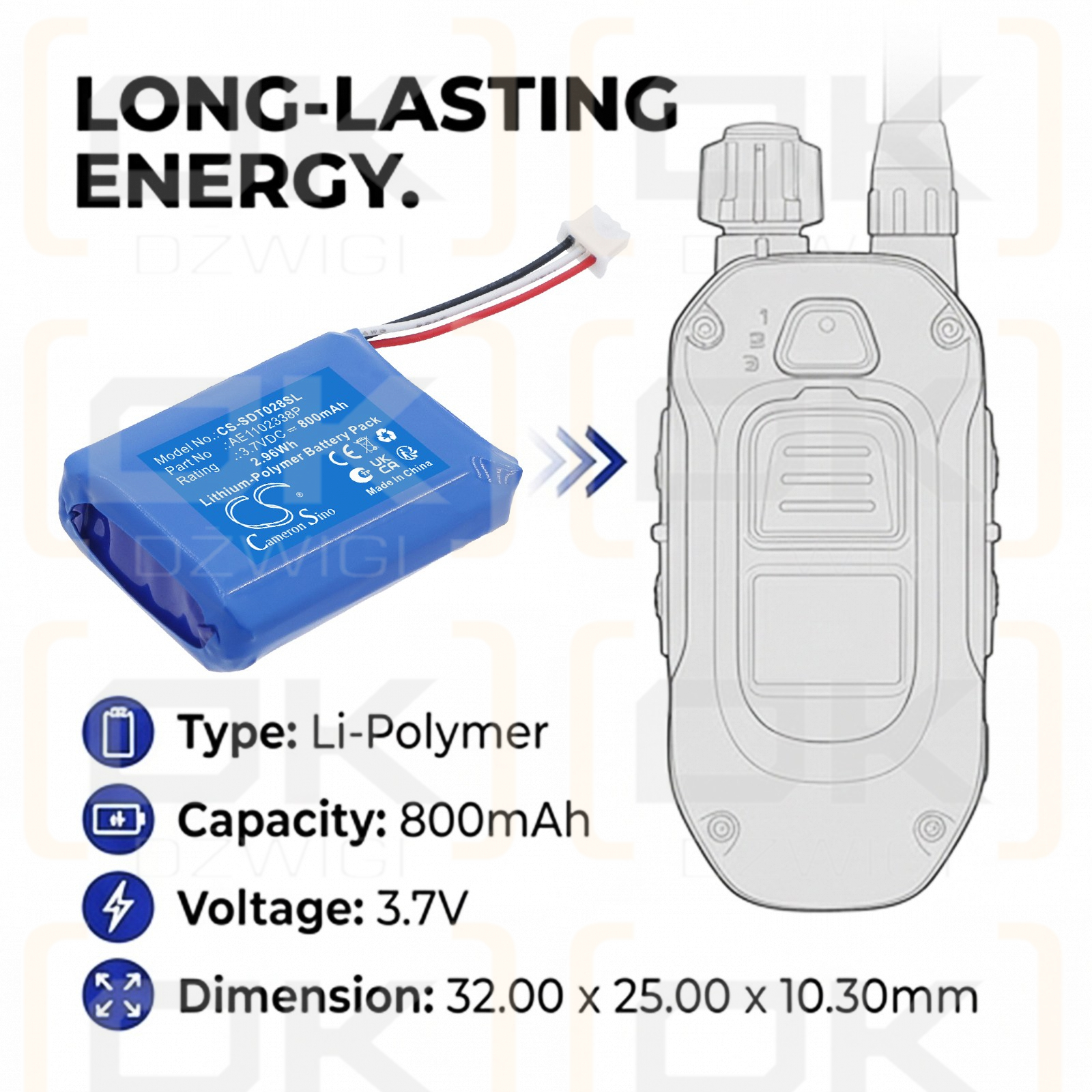 Ersatzakku für Dogtra 280X Sender / AE1102338P 800mAh Li-Polymer 3,7V (Cameron Sino)