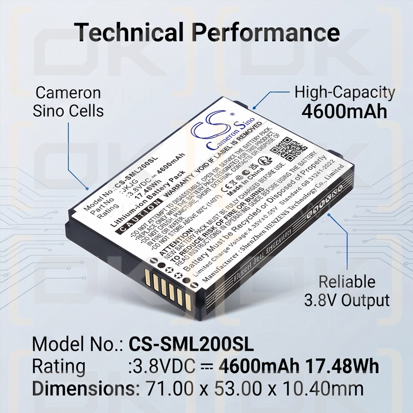 Batería de repuesto para Sunmi L2K / JKJG 4600mAh 3.8V (Cameron Sino)