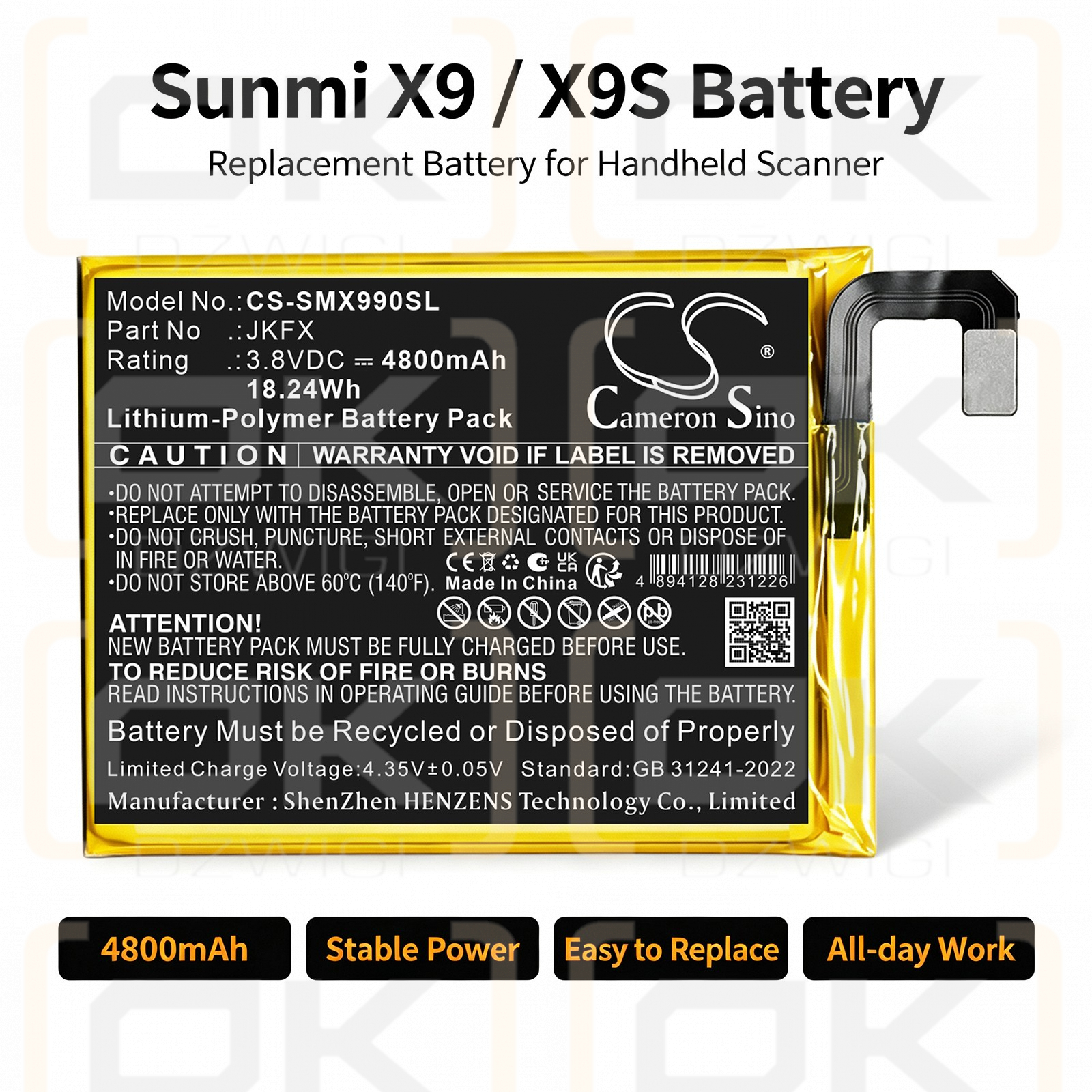 Сменный аккумулятор для Sunmi X9s / JKFX 4800 мАч Li-Polymer 3,8 В (Cameron Sino)