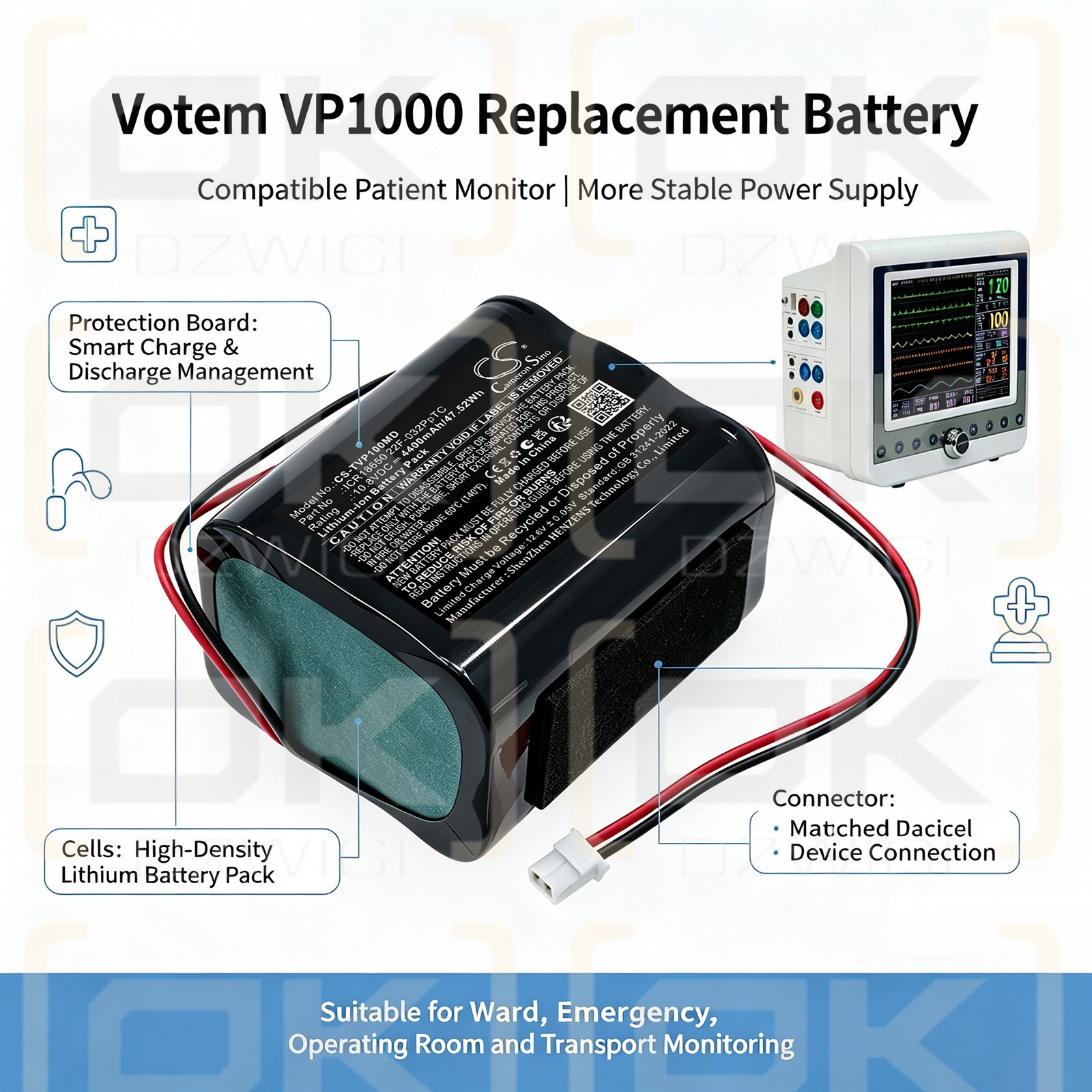 Сменный аккумулятор для Tecme Votem VP1000 / ICR18650 22F-032PpTC 4400 мАч Li-ion 10,8 В (Cameron Sino)