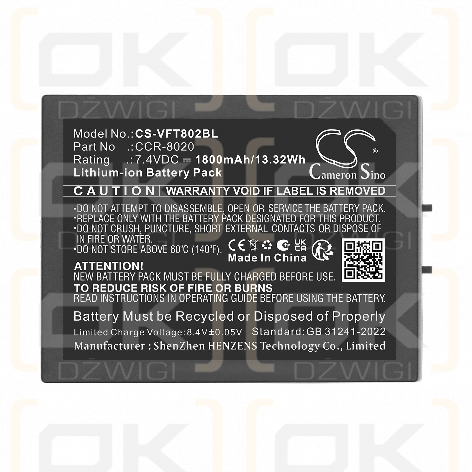 Batería de repuesto para VeriFone Nurit 8020US20 / 802B-WW-M07 1800 mAh Li-ion 7,4 V (Cameron Sino)