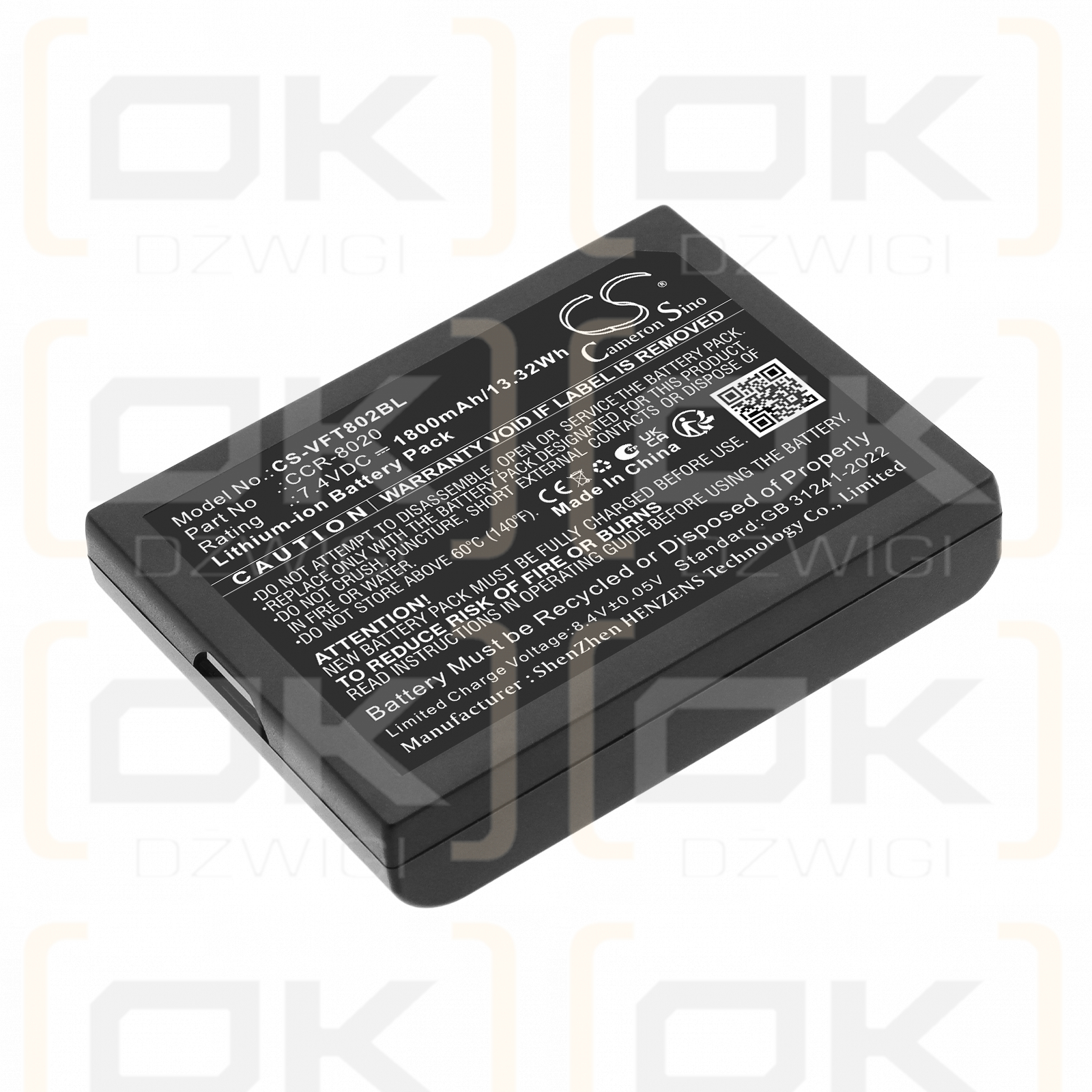 Batería de repuesto para VeriFone Nurit 8020US20 / 802B-WW-M07 1800 mAh Li-ion 7,4 V (Cameron Sino)