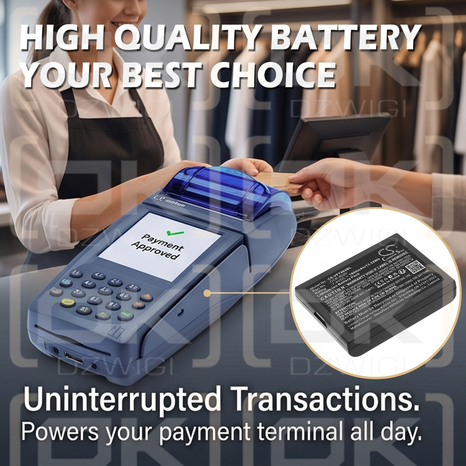 Batería de repuesto para VeriFone Nurit 8020US20 / 802B-WW-M07 1800 mAh Li-ion 7,4 V (Cameron Sino)
