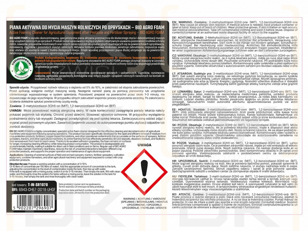 Piana aktywna do mycia maszyn rolniczych po opryskach - BIO AGRO FOAM, koncentrat 5l, Teger