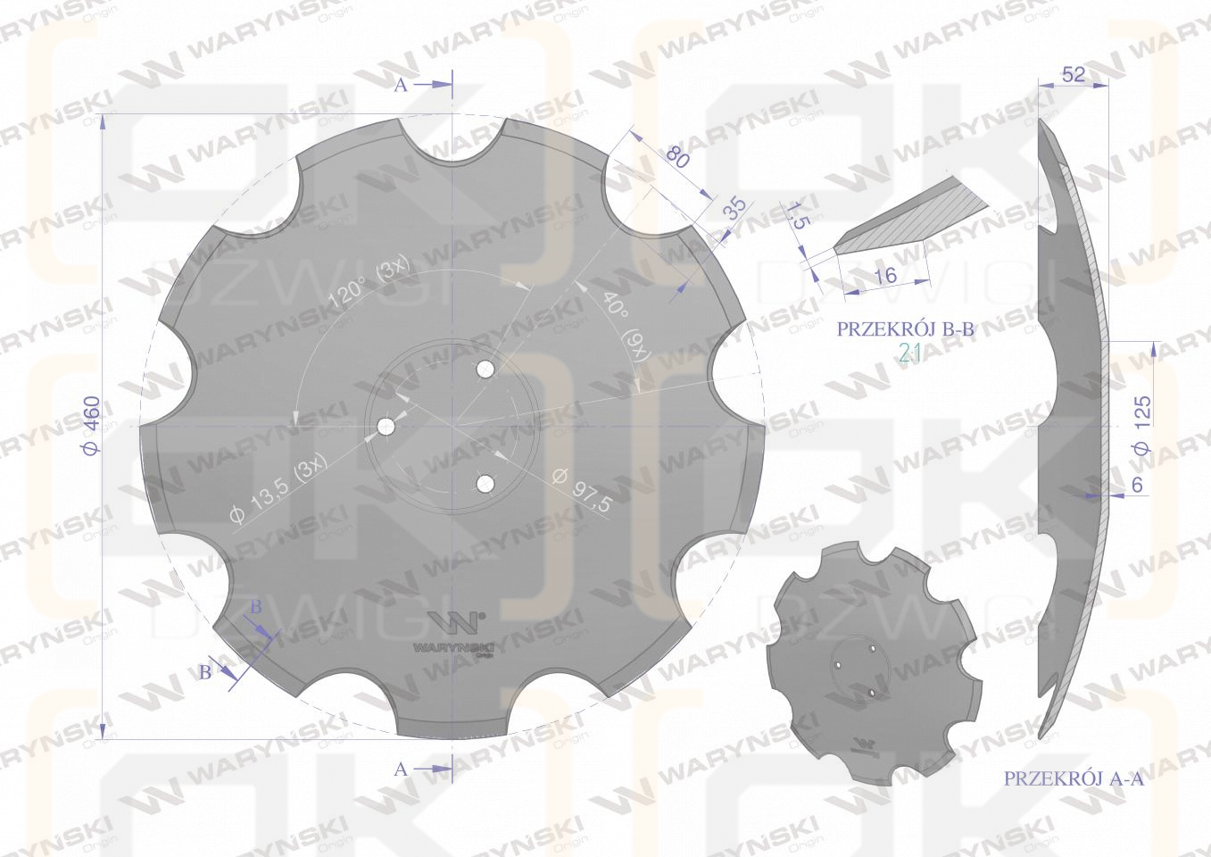 Zahnscheibe Z-9 fi 460 mm, Aufnahme 3/97 mm, Dicke 6 mm, Anwendung Horsch 23246106, Waryński