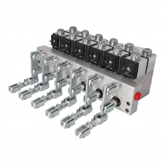 Multif. hydraulic bank MOD10 6f/40 for dcr 24V type PWM controlled with 20+20 mm stroke amplification lever