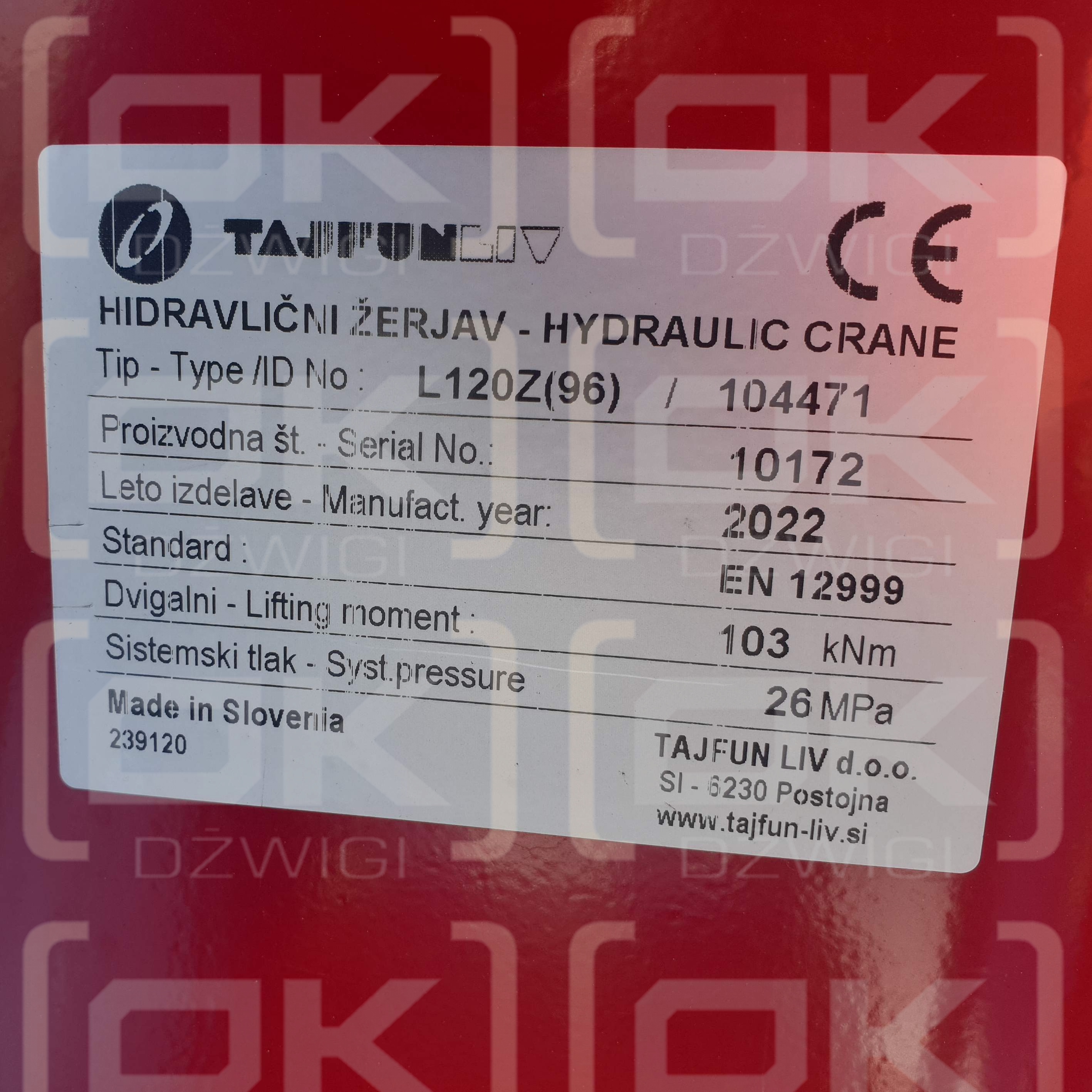 Tajfun Liv 120Z.96 hydraulic crane with a 0.53 grab and a 10t rotator